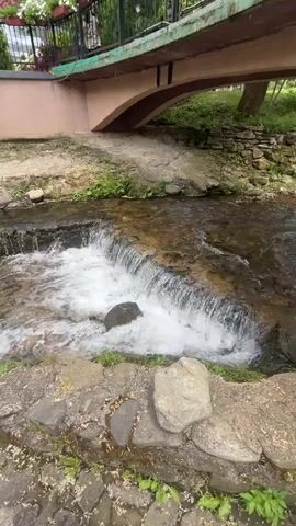 A high-angle shot captures a stream flowing over a small waterfall and past an old wooden waterwheel. The waterwheel is yellow with a dark hub and is positioned on the left side of the frame. The stream flows from right to left, with the waterfall located in the middle ground. The water is clear and shows reflections of the surrounding environment. In the background, there is a low wall adorned with colorful flowers, some white and some pink. Beyond the wall, green trees are visible, and a pink bridge with an arch is seen in the upper right. The foreground shows a rocky embankment. The lighting is natural, suggesting daylight.