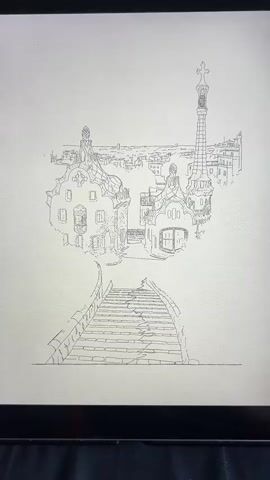 The video shows a black and white drawing of Park Güell in Barcelona, Spain. The drawing depicts the iconic mosaic-covered structures and a long staircase leading up to them. The video starts with a close-up of the drawing and then slowly pans out to reveal more of the artwork. The lighting is bright and even, suggesting it is being displayed on a screen or illuminated by a light source. No people or other living beings are visible in the drawing or the immediate surroundings. The overall impression is of a detailed and artistic representation of a famous architectural landmark.