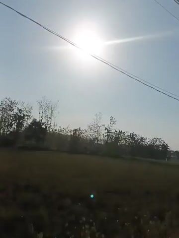 The video shows a landscape with a bright sun in the sky. There are power lines crossing the frame and a pole with vines growing on it. In the background, there is a field of grass and trees. The video appears to be taken from a moving vehicle, as evidenced by the slight blur and the changing perspective.
