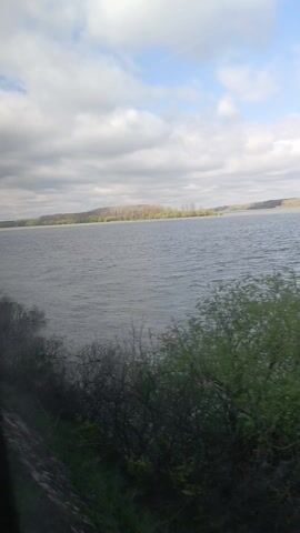 The video shows a wide body of water with slight ripples on the surface, under a partly cloudy sky with patches of blue visible. The shoreline in the distance is lined with trees and some sandy areas. In the foreground, there's vegetation, appearing as blurry shapes passing by, suggesting the camera is in motion, possibly from a passing vehicle. The lighting is somewhat overcast, giving the water a dark appearance.