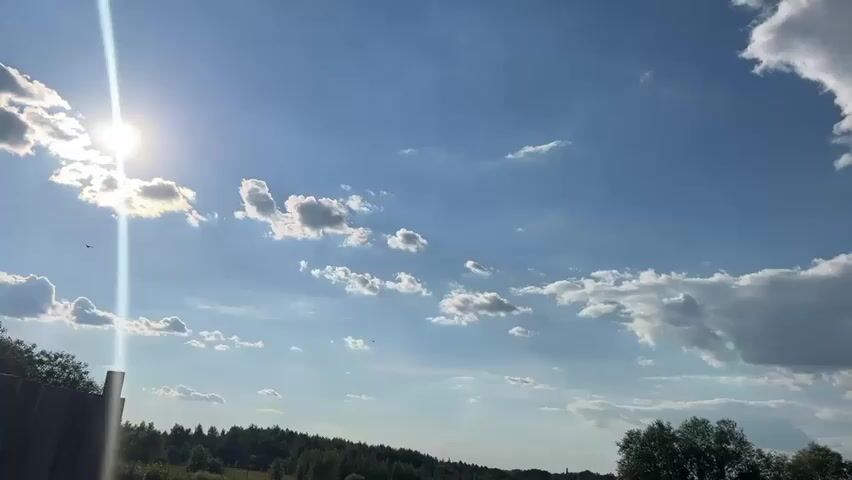 The video captures a bright, sunny day with a clear blue sky dotted with scattered white clouds. The sun is visible in the upper left quadrant of the frame, casting a lens flare. The horizon below is lined with a dense forest, with trees of varying heights. In the foreground, a dark, fence-like structure runs vertically along the left edge of the frame, partially obscuring the trees. The overall impression is of a natural landscape on a pleasant day.