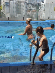 Family enjoys early morning swim at Vietnam rooftop pool