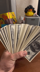 Person displays US cash in Yoshkar-Ola with novelty items