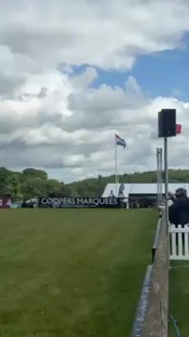 Here is a description of the scene depicted in the video:

The video shows a section of the dressage course at a horse event. A silver-colored SUV drives onto the course between white markers. In the background there are sponsor banners, spectator seating, a judge's tower, and flags representing the Netherlands, Sweden, and the United Kingdom. The terrain is grassy, and a wooded area is visible beyond the course. The sky is partly cloudy. The video is shot from behind a low barrier. There is the sound of wind noise.