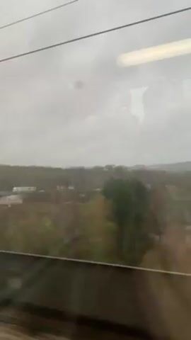 The view from a moving train window shows a cloudy, overcast day. Green trees and fields blur past, interspersed with hints of buildings and infrastructure. Overhead wires run parallel to the train's direction. The reflection of the train's interior is visible on the glass, adding a slight distortion to the landscape. The overall impression is of a typical, somewhat gray, day during a train journey.