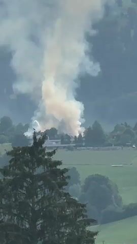 The video shows a large plume of smoke rising into the sky from a wooded area, likely in Petit-Val, Switzerland. The smoke is thick and appears to be coming from a fire. In the foreground, the top of a dark green evergreen tree is visible, with a small bird perched on a branch. Behind the tree, a line of buildings can be seen nestled among more trees, with the smoke billowing upwards from behind them. The overall scene suggests a developing emergency situation, possibly a wildfire or a fire at a structure. The time of day appears to be late afternoon or early evening, given the lighting. The sky is hazy, possibly due to smoke or cloud cover. The emotion evoked is one of concern and urgency due to the visible signs of fire. There is no visible text in the video.