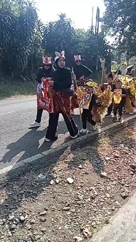 A group of children dressed in elaborate, colorful costumes, some with gold wings and elaborate headpieces, walk in a parade or procession along a paved road. They are accompanied by adults, some of whom appear to be chaperones or participants in the parade as well. The children are holding staffs and carrying decorations. The environment appears to be outdoors, with trees and foliage visible in the background. The sun is shining, casting shadows on the ground. The road has a gravel shoulder. One adult is carrying a large bag with red and white branding. The children are wearing sunglasses. The adults are wearing headscarves.
