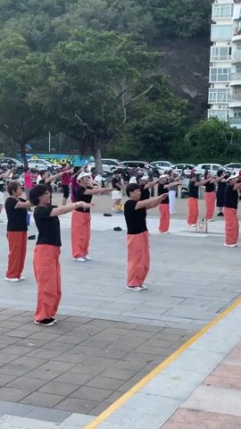 A group of people, mostly women, are performing synchronized movements outdoors in what appears to be a public plaza. They are dressed casually, with many wearing black tops and vibrant orange pants. The background features trees, buildings, and parked cars, suggesting an urban or semi-urban environment. The lighting indicates it is daytime, possibly late afternoon or early evening. The individuals are arranged in rows and are facing the same direction, participating in a group exercise or dance class. Their movements involve arm gestures and body postures consistent with coordinated physical activity.