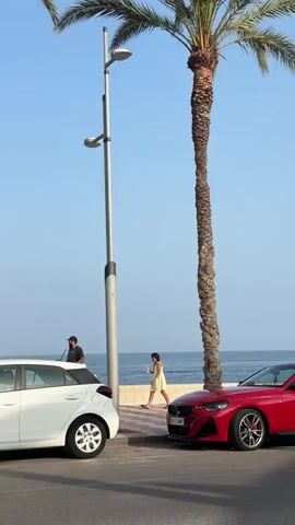 This video captures a sunny day scene in Aguadulce, Spain. The camera pans across a seaside promenade with a clear blue sky and calm ocean in the background.

The foreground features parked cars, including a white Hyundai i20 and a red BMW. A tall palm tree stands prominently on the right, its rough trunk contrasting with the smooth pavement of the promenade. A modern street lamp with two lights is also visible.

Further along the promenade, two people are walking. A man wearing a cap is seen near the street lamp, while a young girl in a light-colored dress walks further down, towards the sea. The ocean itself is visible, with a white motorboat cruising in the distance. A simple wooden bench sits on the patterned paving stones of the promenade.

A notable detail is a bilingual signpost for "playa de Aguadulce" (Aguadulce beach) with accompanying icons. Below it, another sign reads "SERVICIOS GENERALES" (General Services) and displays various pictograms indicating amenities.

The overall atmosphere is one of a peaceful, pleasant day at the beach, likely in the late morning or early afternoon given the bright sunlight and clear skies. The scene conveys a sense of relaxation and vacation.