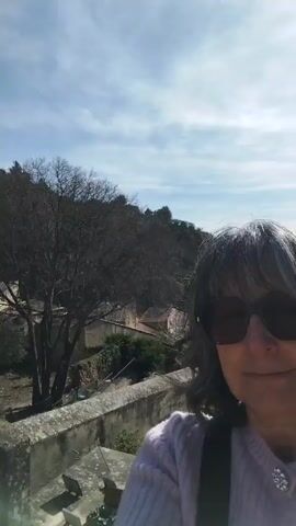 A woman takes a selfie outdoors in a sunny location. She has grey hair, wears sunglasses and a light purple sweater. In the background are buildings, trees, and rocky terrain. As the video progresses, the woman slowly rotates the camera, revealing more of the landscape, including a large rocky cliff formation. The sky is bright with scattered clouds.