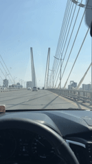 Morning traffic crosses cable-stayed bridge in Vladivostok