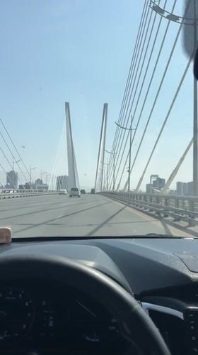 Morning traffic crosses cable-stayed bridge in Vladivostok