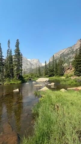 The video displays a scenic mountain lake with clear, shallow water, revealing the rocky lakebed below. Tall evergreen trees line the shore and surround the lake, with some interspersed among larger rocks. In the background, majestic, rugged mountains rise, some with patches of snow visible near their peaks. The sky is a clear, bright blue. The camera pans slowly across the landscape, capturing the natural beauty of the alpine environment. There are no people or animals visible in the frame. The sunlight creates reflections on the water's surface and occasionally causes a lens flare.