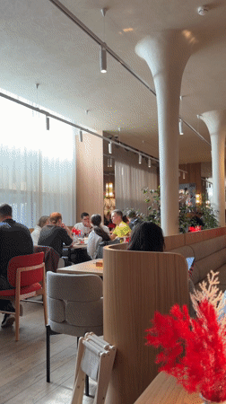Morning dining scene captured at busy Moscow restaurant