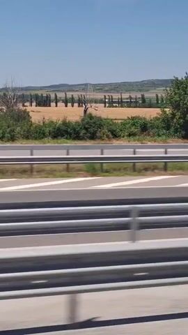The video shows a view from a moving vehicle on a highway in Rupkite, Bulgaria. The scene depicts a rural landscape with rolling hills and agricultural fields, likely wheat or hay, under a clear blue sky. A dense green tree stands prominently on the left side of the road, and other trees and bushes line the roadside. The highway itself features multiple lanes separated by guardrails, and white dashed lines indicate traffic flow. A white SUV is seen driving in the opposite direction on the highway. The time of day appears to be daytime, with bright sunlight suggesting fair weather. The overall impression is one of travel through a tranquil, sun-drenched countryside. No text is visible in the video.