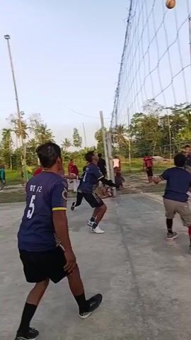 A volleyball game is in progress on a concrete court surrounded by trees and foliage. Several individuals, appearing to be teenagers and young adults, are actively participating on both sides of the net. One player in a blue jersey with the number 6 is in the foreground, facing away from the camera. Another player in a blue and yellow jersey is in mid-air, jumping to hit the volleyball. Other players are positioned on the court, some observing the game. Spectators are visible in the background, standing and sitting along the side of the court. The sky is clear and bright.