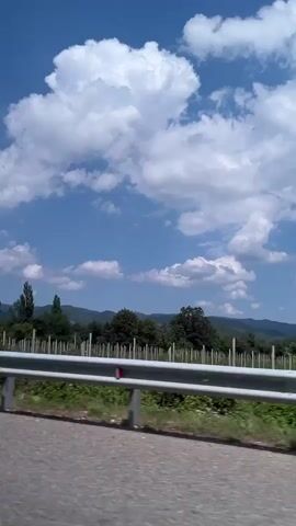 This media file shows a scenic view of a rural landscape under a bright blue sky dotted with fluffy white clouds. The foreground features a guardrail bordering a road, suggesting the perspective is from a moving vehicle. Beyond the guardrail, rows of young plants, possibly a vineyard or agricultural field, are visible, supported by vertical stakes. A line of trees forms a dense backdrop, with taller, slender trees standing out amongst them. In the distance, rolling hills fade into the horizon.

A prominent road sign, a red and white triangle with a black symbol indicating a T-junction ahead, is positioned to the right of the frame. In the sky, several small, colorful objects, possibly kites or balloons, are suspended. The overall impression is a sunny, clear day, likely in the late morning or early afternoon, given the bright light and the shadows. The location is identified as Arkhipo-Osipovka, Russia. There are no discernible people in the media. The scene evokes a sense of travel, nature, and a peaceful, picturesque rural environment.