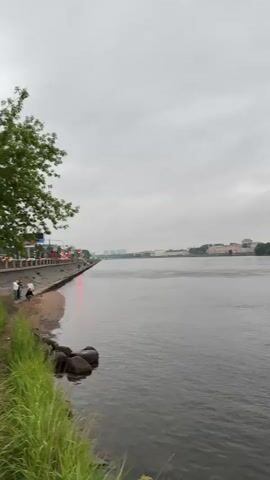 The video shows a wide, calm river flowing under a cloudy, overcast sky. On the left bank, there is a grassy area with some rocks and a tree. Further along the bank, a road is visible with streetlights and some buildings. The right bank of the river is lined with trees and buildings, some appearing to be industrial or residential. The camera is panning slowly to the right, capturing the expanse of the river and the distant scenery. There are no visible people or vehicles in action. The overall atmosphere is subdued and somewhat hazy, typical of a cloudy day.
