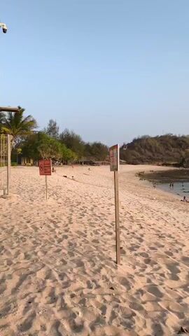 This video shows a beach scene. The foreground is dominated by sand, with footprints visible. Two wooden posts with signs are in the sand. The sign on the right is closer and more visible, displaying text and an image. In the middle ground, there are several small groups of people scattered across the beach, some walking, others appearing to be sitting or playing. Behind the beach, there is a line of trees and some structures that look like small buildings or huts. The background shows a hill with vegetation. The sky is clear and blue. The overall lighting suggests it is daytime, possibly late afternoon.