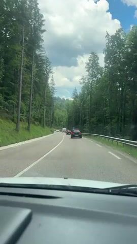 The video depicts a first-person view from a vehicle driving along a paved road. The road is bordered by dense, lush green forest on both sides. Tall, slender trees with full canopies dominate the landscape, creating a tunnel-like effect over the road. The road itself has white lane markings and a guardrail on the right side.

Several cars are visible on the road ahead, indicating moderate traffic. The sky is partly cloudy with bright white clouds against a blue sky, suggesting it is daytime. The overall atmosphere is serene and natural, characteristic of a scenic drive through a wooded area.

On the right side of the road, there's a road sign. Though partially obscured and distant, it appears to have text and possibly numbers indicating directions or distances. One part of the sign is clearly visible with "GENEVE" and "LES ROUSSES 11" printed on it. There are also orange traffic cones visible near the sign, hinting at possible road work or a temporary obstruction. The light conditions suggest it is likely midday or early afternoon. There are no discernible people visible outside of the vehicles. The scene evokes a sense of travel and exploration through a beautiful natural environment.