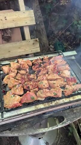A grill is filled with numerous pieces of raw meat, arranged in rows. The meat is cut into bite-sized cubes and appears to be seasoned with herbs. Smoke rises from the grill, indicating that the meat is cooking over hot coals. The grill itself is placed outdoors, with wooden planks and foliage visible in the background. The lighting suggests it is daytime.