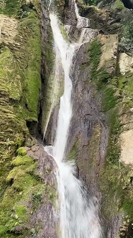 A waterfall cascades down a rocky, moss-covered cliff face. The water is white and frothy as it tumbles into a clear pool at the bottom. Lush green trees and foliage surround the waterfall, creating a serene natural environment. The scene is captured from a slightly upward angle, emphasizing the height and flow of the water.