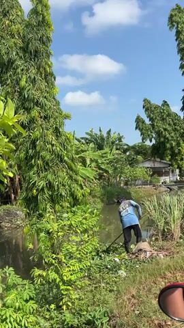 The video shows a person in a blue shirt and black pants, wearing black boots, standing on the bank of a body of water. The person is holding a long pole with a hook or net on the end and appears to be reaching into the water. The surrounding environment is lush and green with trees and other vegetation. There is a large cell tower visible in the background to the left. The water appears murky and there is some debris on the bank. The sky is blue with some white clouds. The person is facing away from the camera and is actively engaged in an activity in the water.