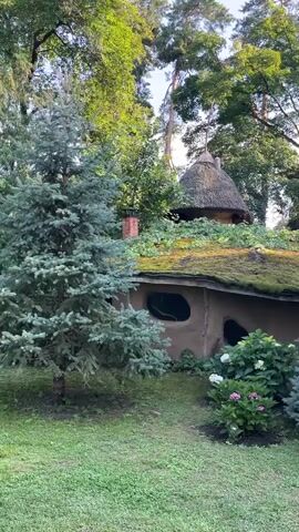 The video shows a round, hobbit-like house with a thatched roof, covered in moss and greenery, nestled among tall trees and lush vegetation. A large blue spruce tree stands prominently in the foreground, with other evergreen trees and bushes surrounding the house. The scene appears to be a peaceful, natural setting, possibly a garden or a wooded area. The lighting suggests it is daytime, likely in the morning or late afternoon, with sunlight filtering through the trees. There are no people visible in the video. The house has unusual, organic shapes and small, oval windows. A chimney made of brick is visible on one side of the house. The overall impression is one of a whimsical, nature-integrated dwelling.