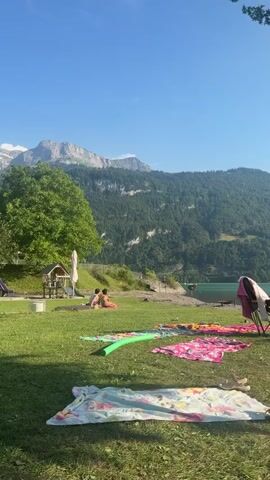 This is a vertical video clip of a lakeside scene on a sunny day in Brienz, Switzerland. The foreground is a grassy area with several beach towels and a foldable chair spread out, suggesting a day at the beach or a picnic. 

In the midground, the clear, turquoise water of the lake is visible. There are a few people on the pebble beach and in the water. A yellow buoy marks a spot in the lake. Further out on the water, there's a small inflatable boat with people on it, and another, larger boat with several people on deck. The activity taking place is leisure and recreation, with people swimming, sunbathing, and enjoying the lake.

The background is dominated by the majestic, tree-covered mountains that are characteristic of the Swiss landscape. The clear blue sky with a few wispy clouds indicates fair weather, likely mid-morning or afternoon given the bright sunlight and shadows. The overall atmosphere is peaceful and relaxed. There is no visible text within the video.
