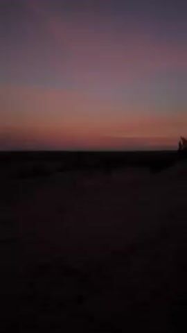 The video shows a desert landscape at sunset. The sky is a gradient of colors, from deep purple at the top to orange near the horizon. The sand in the foreground is dark and textured, with small plants scattered across the terrain. In the distance, there are what appear to be the lights of a vehicle driving across the horizon. The scene is generally peaceful and serene.