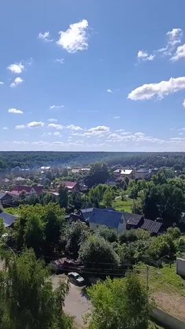 The video shows an aerial view of a rural village on a sunny day. The sky is blue with scattered white clouds. In the foreground, there are trees and a road with two parked cars. The middle ground is filled with houses with red and blue roofs, surrounded by lush green trees and gardens. In the background, there is a dense forest stretching across the horizon. The overall scene depicts a peaceful and tranquil countryside landscape.