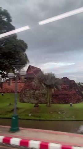 The video shows a blurred view from inside a vehicle, looking out at a park-like setting with a body of water in the foreground. A tree with dark green foliage is on the left, and a building with a red roof and brick walls is visible in the background. There are palm trees and green grass. A lamppost with a green base and white top is on the right. The water reflects the trees and the sky, which is cloudy. The vehicle appears to be moving, causing the blur.