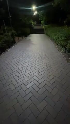 A paved walkway at night is illuminated by streetlights. The walkway is constructed of rectangular bricks laid in a herringbone pattern. Lush green bushes and trees line both sides of the walkway, their leaves visible in the artificial light. Several lampposts are spaced along the path, casting a warm glow that creates lens flares and highlights the path ahead. The walkway appears to lead uphill, with faint steps visible in the distance. The overall atmosphere is peaceful and serene.