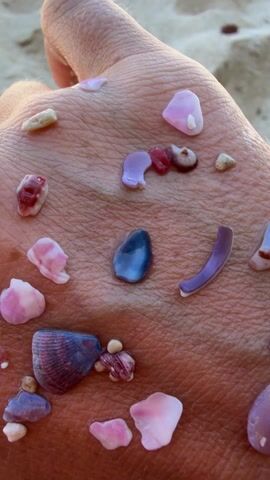 A close-up shot displays a fair-skinned human hand filled with an assortment of small, colorful seashells and tiny pebbles. The seashells come in various colors, including pink, blue, purple, red, and white, and are fragmented into different shapes. The pebbles are light beige in color. The hand is outstretched against a backdrop of sandy beach. In the background, a piece of blue cloth or clothing is visible. The scene is brightly lit, showcasing the textures and colors of the items in the hand.