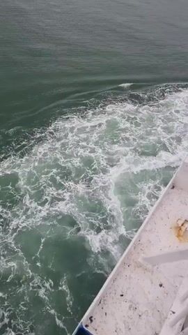 A boat moves through the ocean, leaving a foamy white and green wake behind it. The camera is positioned high above the water on the side of the boat, capturing the turbulent water created by its movement. The water is a dark green color, with patches of white foam and bubbles. The boat's railing is visible in the bottom right corner of the frame, showing signs of wear and tear with some rust spots. The ocean stretches out to the horizon under a cloudy sky.