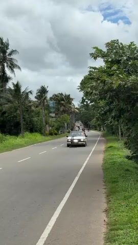 A white sedan drives on a two-lane paved road through a verdant, semi-rural landscape. The car has two black racing stripes over its hood and roof, and two small Sri Lankan flags are mounted near the front passenger side. Its license plate, "15-2014", is clearly visible. The road is marked with a solid white line on the right shoulder and a dashed white line separating the two lanes. Lush green foliage, including numerous tall palm trees, lines both sides of the road under an overcast sky with fluffy grey clouds. The car approaches the camera and then drives past towards the distance, where other vehicles and structures are faintly visible. The scene depicts a calm daytime journey in what appears to be Thihagoda, Sri Lanka.