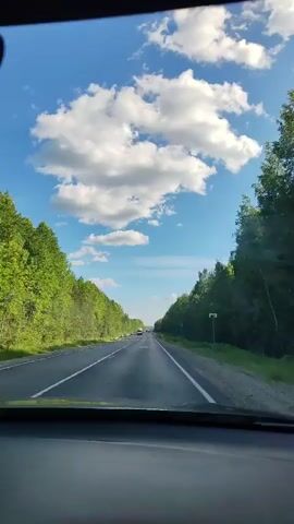 A first-person perspective video captures a drive on a highway surrounded by lush green trees on both sides under a bright blue sky with fluffy white clouds. The road ahead is clear with a few cars visible in the distance. The sun is shining, casting shadows on the asphalt. The video appears to be shot during the daytime.