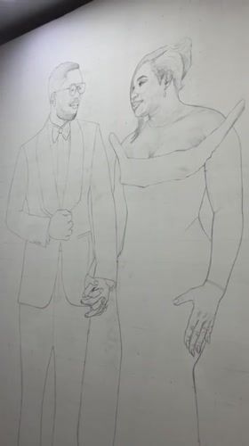 Traditional Nigerian couple portraits sketched on walls in Ado