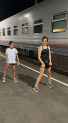 Dancing in front of a train in Goryachiy Klyuch