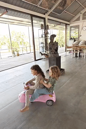 Children play with pink toy car indoors in India