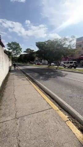 This is a vertical, first-person perspective video clip of a street scene in Mérida, Venezuela. The time of day appears to be late morning or early afternoon, as indicated by the bright sunlight casting distinct shadows across the road and sidewalk. The sky is blue with scattered white clouds, suggesting fair weather.

The foreground shows a cracked concrete sidewalk with a yellow-painted curb. A person is walking a small, light-colored dog on a leash along the sidewalk, moving away from the camera. Further down the sidewalk, a white wall with some graffiti marks lines the left side of the frame.

The main focus of the video is the street, which is a wide, paved road with multiple lanes of traffic. Several vehicles are visible: cars, motorcycles, and what appears to be a white utility truck. On the right side of the street, there are buildings, including a multi-story building with beige and yellow facades. One building has signage that is partially visible but difficult to read clearly. A street lamp stands on the right side of the road. Lush green trees line the street, providing shade. The overall mood is one of everyday urban life on a sunny day.