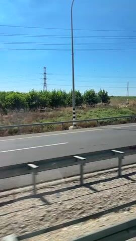 This video appears to be captured from a moving vehicle, likely a car or bus, traveling along a highway in Shafir Regional Council, Israel. The scene is set during the daytime, under a clear, bright blue sky, suggesting fair weather. The landscape is rural, characterized by fields, vegetation, and agricultural land.

Prominent objects in the scene include tall, lattice-like electricity pylons that dot the horizon, carrying power lines across the sky. A highway with a white dividing line is visible in the foreground, with a metal guardrail separating the road from the embankment. The embankment itself is covered in dry, sandy soil and sparse vegetation. On the other side of the highway, there are green trees and bushes, hinting at the presence of cultivated fields or orchards. In the distance, more agricultural fields stretch towards the horizon under the vast sky.

The activity taking place is simply travel. The camera's perspective indicates movement, with the landscape continuously passing by. There are no people clearly visible in the frame, and the focus is on the expansive scenery. The overall mood conveyed is one of peaceful transit through a sun-drenched, open landscape. The time of day can be inferred from the bright sunlight and the shadows cast, suggesting it's likely late morning or early afternoon. No text is visible within the video.