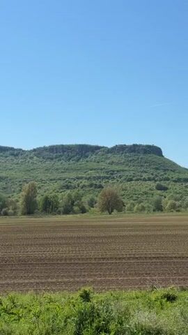 The video shows a landscape with a brown, tilled field in the foreground, likely recently planted with crops. Behind the field are scattered trees, transitioning into a forested hill or small mountain covered in lush green vegetation. The sky above is clear and blue, indicating a sunny day.