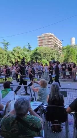 A vertical video shows a street performance on a sunny day. In the foreground, several people are seated at tables, facing away from the camera, observing the event. Their backs are to the viewer, and their clothing suggests a casual outdoor setting. The middle ground features a performance by a group of drummers dressed in black costumes with colorful feathered headdresses. They are actively playing drums, and some are engaged in synchronized movements. A barrier separates the performers from the spectators. In the background, a crowd of onlookers watches the parade. Palm trees line the street, and a multi-story building with light-colored balconies is visible in the distance, along with a taller, slender building and a verdant hillside. The sky is clear and blue, indicating good weather. The overall scene depicts a lively outdoor event, possibly a parade or festival, with a focus on the rhythmic drumming performance.