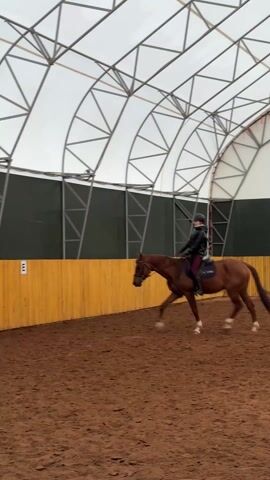 A young woman rides a brown horse inside a covered riding arena. She is wearing a black helmet and jacket. The arena has a red clay surface and a yellow wooden fence. Letters are painted on the fence. The roof is made of metal beams and a translucent covering. The woman smiles at the camera as she rides.