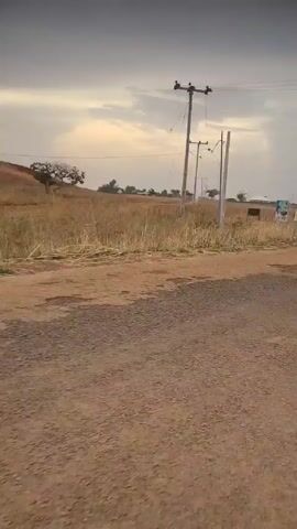 The video shows a brown, dirt and gravel road with some asphalt patches.  The view is from inside a moving vehicle, likely a three-wheeled auto rickshaw, as parts of the frame are visible. There is a field of dry, golden grass to the side of the road. In the distance, there are power lines on poles and some buildings.  A truck parked on the edge of the field is visible behind signs that say "HYPPADEC" on them. The sky is overcast.