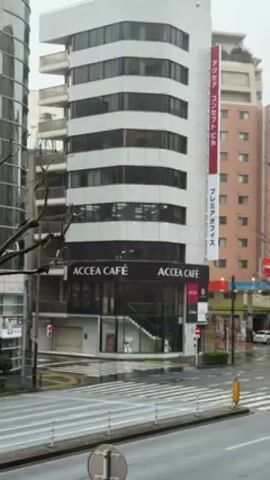 The video shows a street corner in a city in Japan, likely Tokyo, on a rainy day. The street and crosswalk are wet, with crosswalk paint visible on the wet pavement. There are no people visible crossing the street. Two tall buildings flank the corner. On one side is a modern building with curved glass windows. On the other side is a taller, white building with horizontal bands of windows and a sign for "ACCEA CAFE" on the ground level. There is also a vertical sign in Japanese on the building. A tree branch is visible in the foreground.