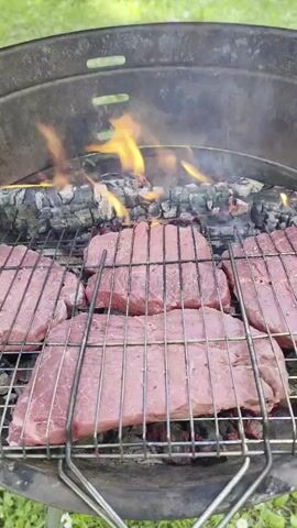 A close-up shot focuses on several raw steaks arranged on a metal grill over glowing embers and flames in a charcoal grill. The steaks are seasoned with what appears to be salt and pepper. The grill is situated outdoors, with blurred green grass and possibly foliage visible in the background. The scene suggests the preparation of a barbecue or outdoor cooking event.