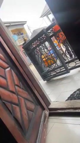 From the vantage point of an open doorway, a young child wearing a light tank top and dark shorts skips towards the door. The child stops briefly near the entrance, then moves out of the camera's view. Outside the doorway, a black metal gate is visible, with buildings in the background under an overcast sky. The door itself is a dark wood color with an elaborate, geometric design. The entryway floor is covered with light-colored tiles.