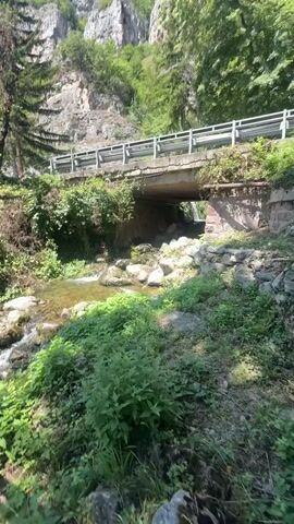 The video begins by showing a small bridge crossing over a clear, shallow stream in a rocky, forested area. The stream has several small waterfalls and is surrounded by lush green vegetation and large rocks. The bridge is made of concrete and has a metal guardrail. Behind the bridge, a steep, rocky cliff face rises up, covered in trees and vegetation. The sun is shining, casting shadows through the trees, and the sky is clear and blue. As the video progresses, a white van with an orange stripe on the side drives across the bridge. The camera pans slightly to the right, showing more of the surrounding forest and the cliff face. The video ends with a close-up of the stream flowing under the bridge, with rocks and vegetation visible in the water.